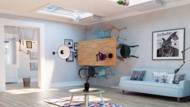 Strange, upside down room interior. 3D illustration creative concept idea